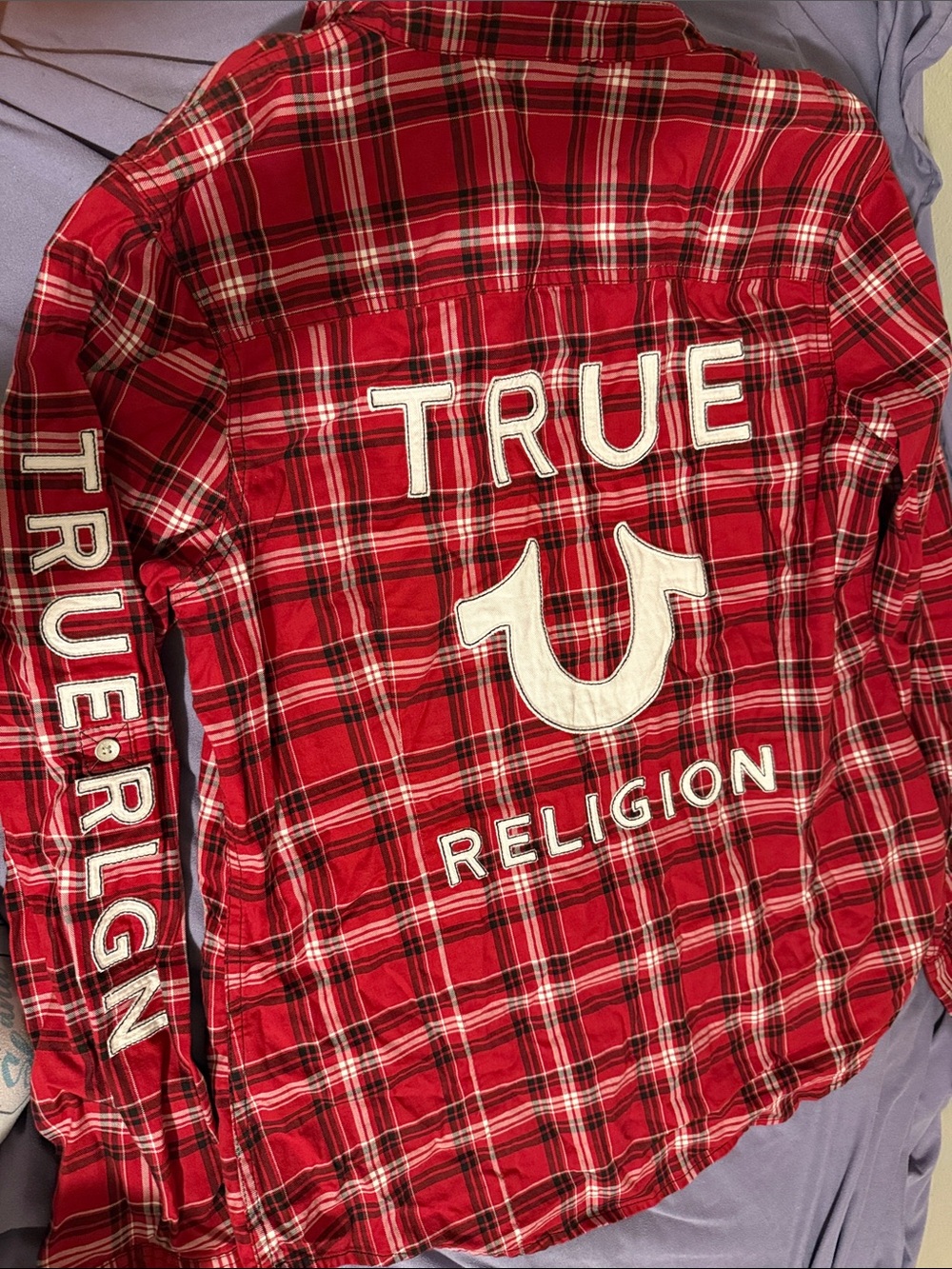 True Religion Womens Red Plaid Flannel Shirt with Bold White Logo